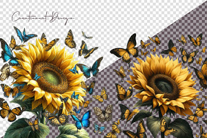 Watercolor Sunflower And Butterfly