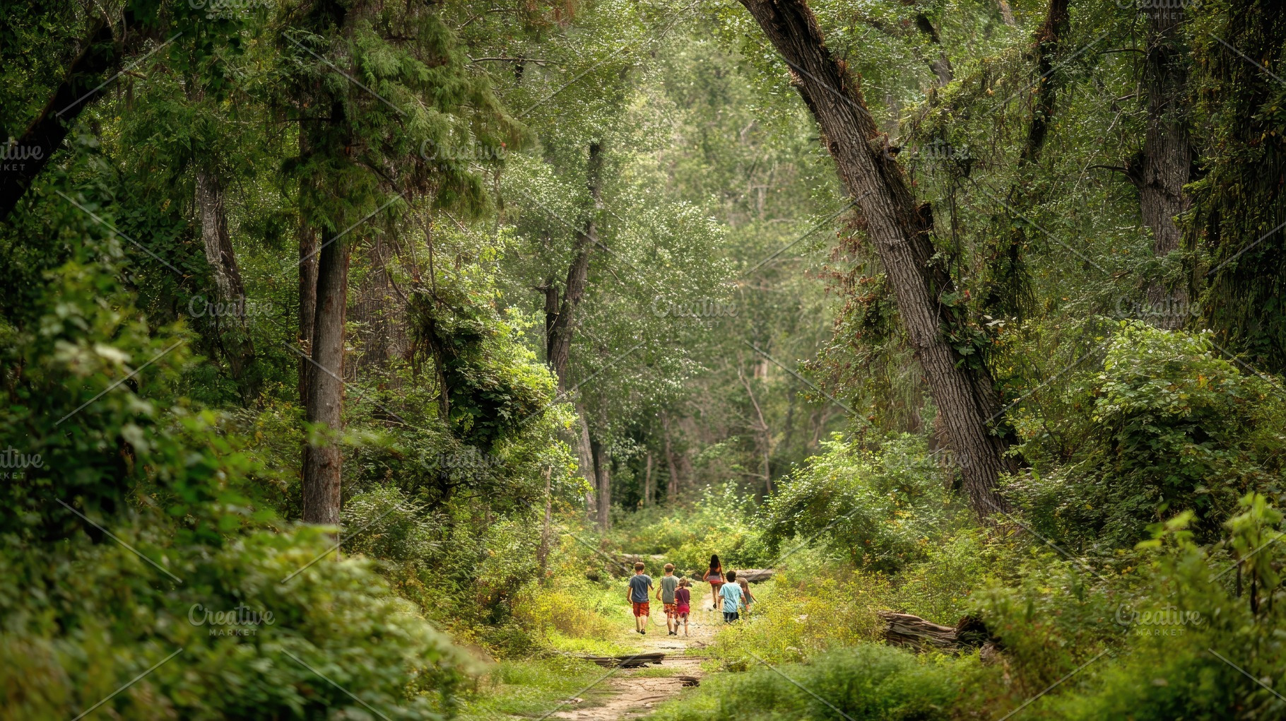 Children explore a lush forest, a Photo by Pavel_design