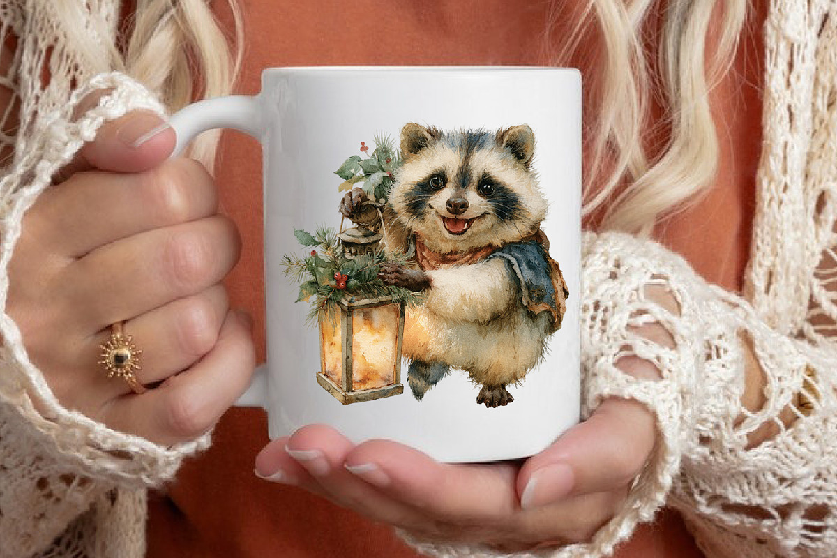 Watercolor Christmas Raccoon Clipart, a Seasonal Illustration by Black Bird Studio (Photo 6 of 7)