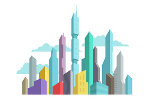 Future Invented City Skyscraper Panorama High-rise Buildings Vector Stock Colorful Illustration. Modern Architecture Landscape.