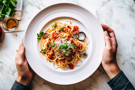 Italian spaghetti on a kitchen table, a Food & Drink Photo by Natalia Klenova's Shop