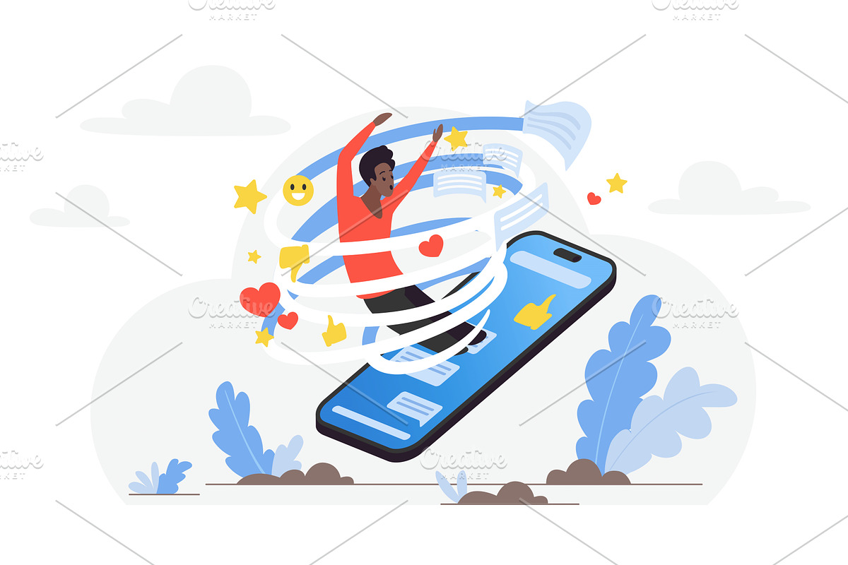 Man pulled smartphone social media, a Technology Illustration by Lemberg Vector
