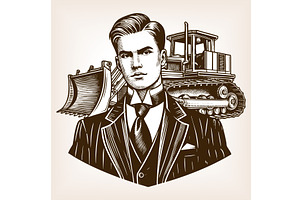 Businessman in suit bulldozer vector, a Person Illustration by AlexArt