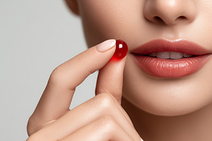 Woman’s lips and hand hold red pill, a Health & Medical Photo by MistyDay