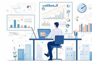 Business analyst reviewing financial data on a computer screen, an Illustration by AS photostudio
