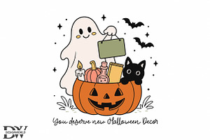 Cute Ghost with Pumpkin Decor PNG, a Seasonal Illustration by Designworld