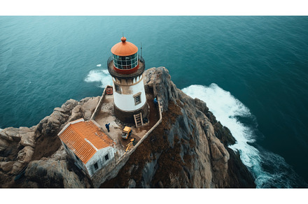 Aerial view of a lighthouse perched, an Architecture Photo by Sergey Kotenev