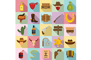 Cowboy Icons Set, Flat Style