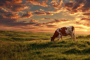 Cow grazes peacefully in lush green, a Photo by Pavel_design