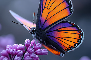 Beautiful butterfly in vibrant flight over blooming lilac flowers, a Photo by AlyaAnd