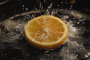 Lemon slice splashes water droplets, a Photo by Tanuart