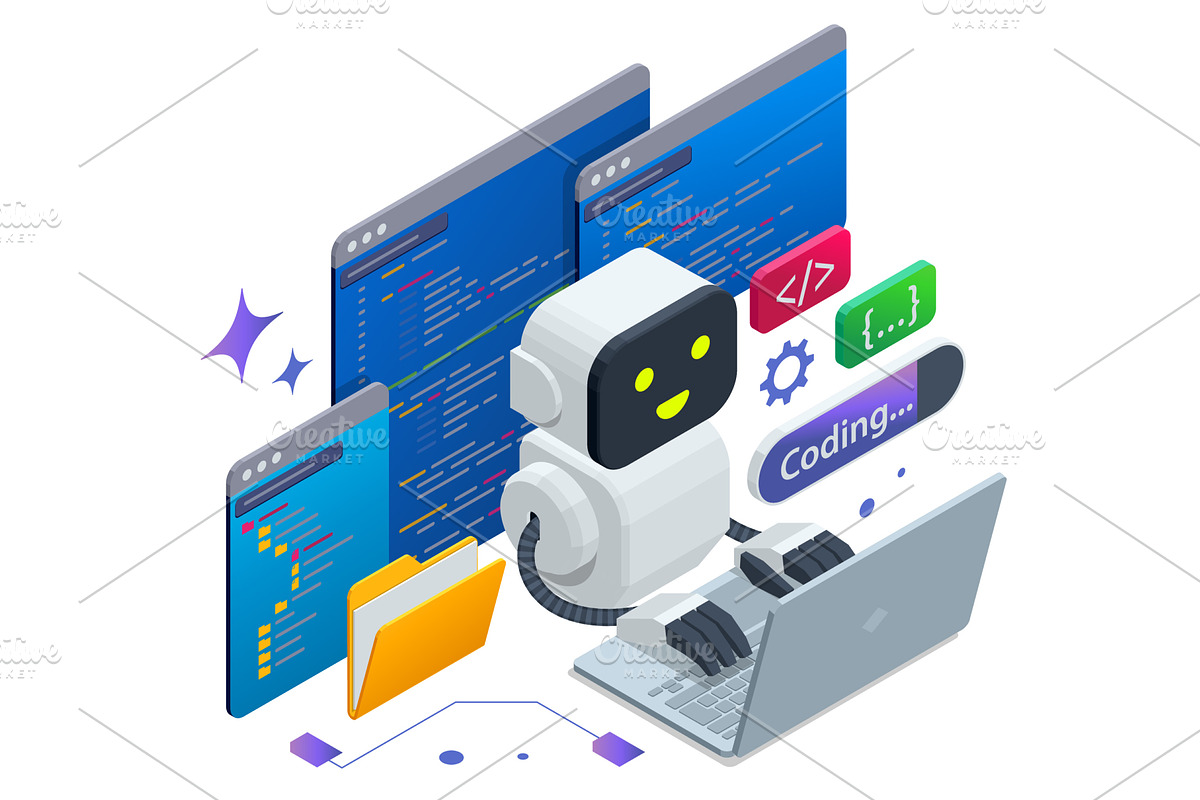 Isometric concept of AI coding, a Technology Illustration by Golden Sikorka