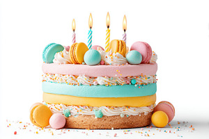 Pastel birthday cake with candles and macarons, a Food & Drink Photo by AlyaAnd