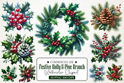 Festive Holly & Pine Branch Clipart, an Illustration by RobertsArt (Thumbnail 1 of 5)