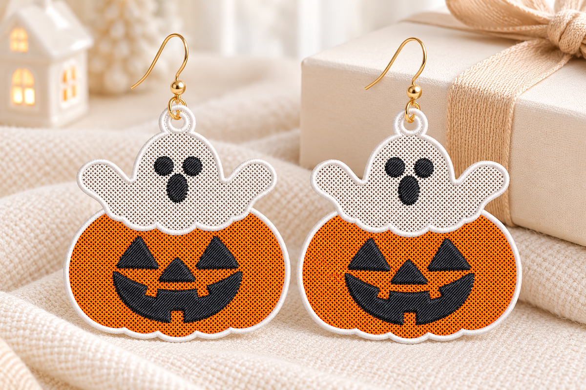 Ghost Pumpkin Earrings Embroidery, an Object Graphic by Craft Nest (Photo 1 of 4)