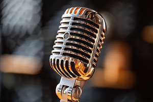 Chrome broadcast microphone captures sound in close-up detail during recording, a Technology Photo by AlyaAnd