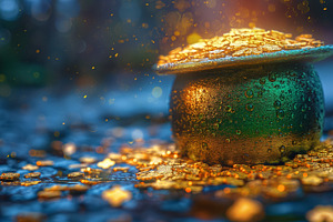 A shimmering pot of gold sits atop a glittering treasure, illuminated by soft,, a Business Photo by ImageMir