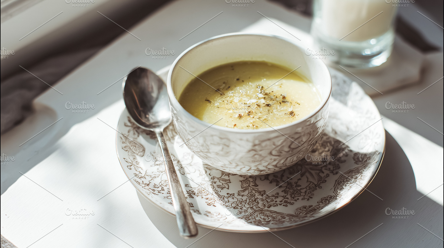 Creamy vegetable soup in ornate bowl, spoon, and candle, creatin, a Photo by Studio ANNA