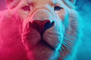 Vibrant close-up of a lion's face, an Animal Photo by AlyaAnd