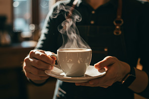 Barista holding a steaming cup, a Food & Drink Photo by professorinc
