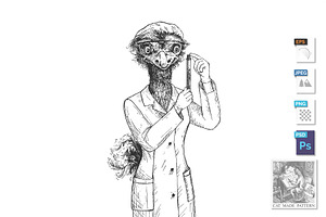Ostrich scientist engraved portrait