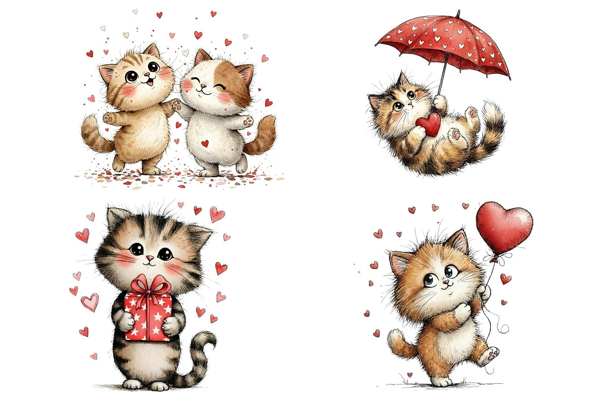 Whimsical Valentine Cat Clipart PNG, an Animal Illustration by maryamdesignarts (Photo 5 of 12)