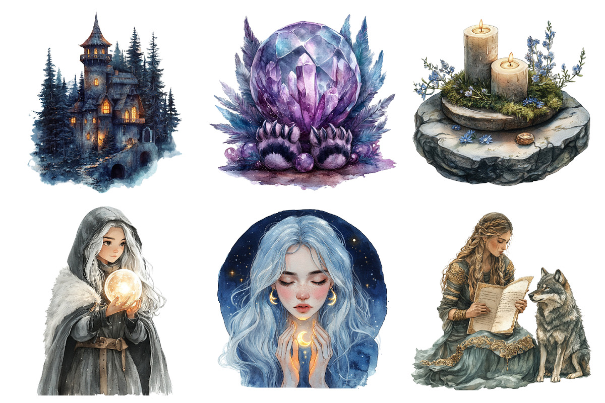 Watercolor Lunar Wolf Maiden Clipart, an Illustration by Daily.Designs (Photo 3 of 5)