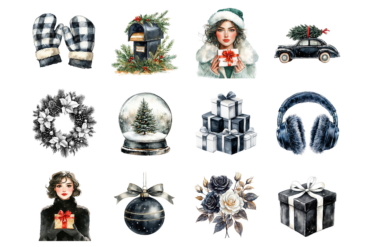 Black and White Christmas Watercolor, an Illustration by SinaCreation (Photo 2 of 7)
