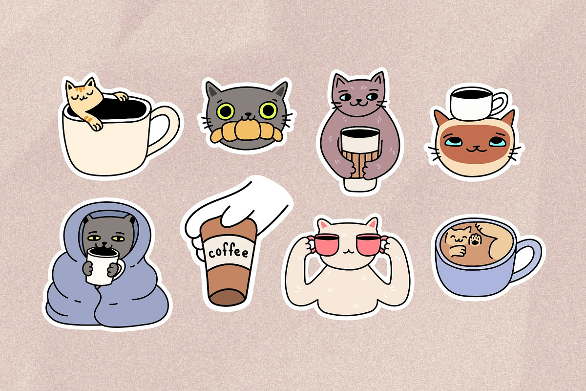 22 Hand Drawn Cats & Coffee Stickers, a Food Illustration by Kristina Chistiakova (Photo 4 of 7)