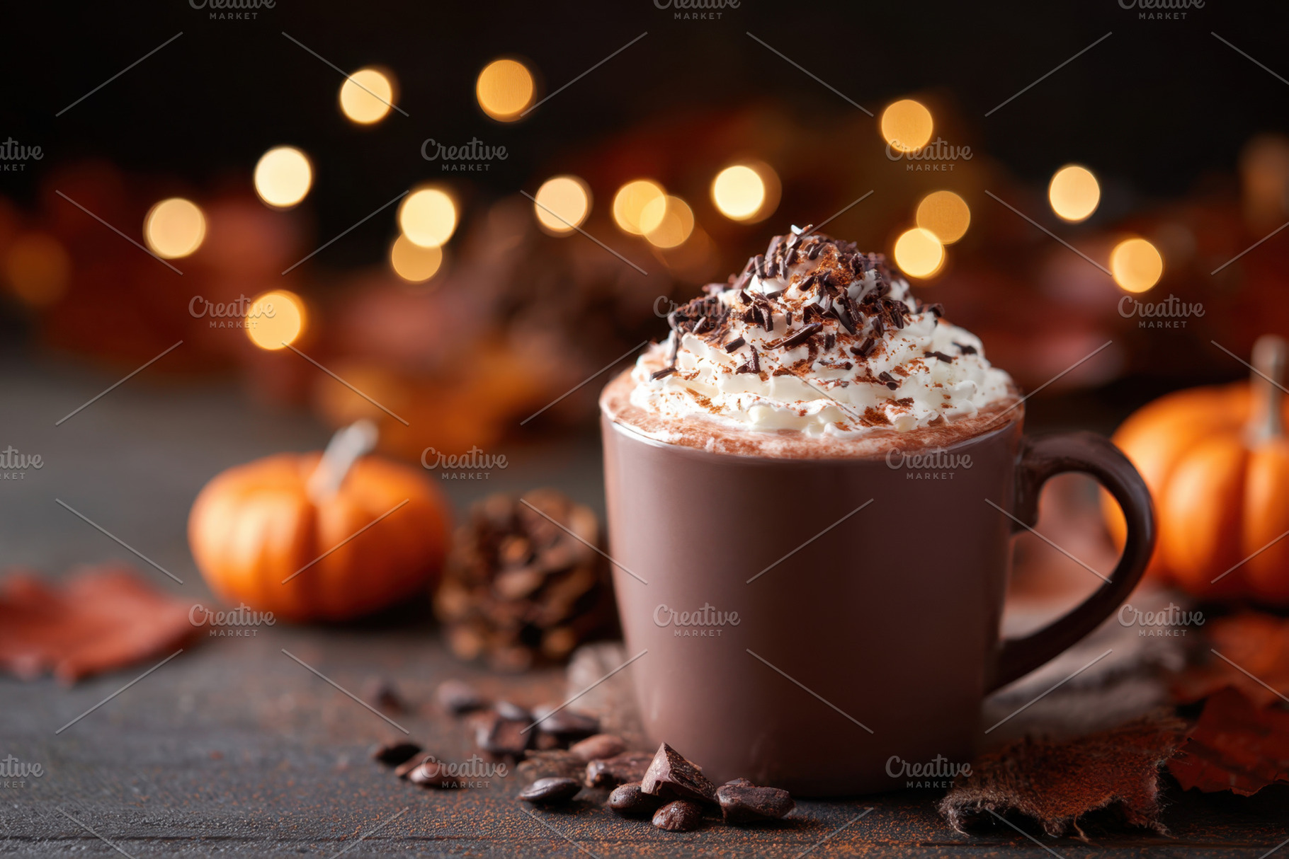 Cozy hot chocolate with autumn decor, a Food & Drink Photo by AlyaAnd
