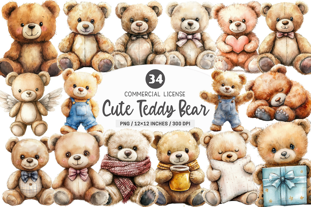 Cute Teddy Bear Clipart PNG, an Illustration by SinaCreation (Photo 1 of 5)