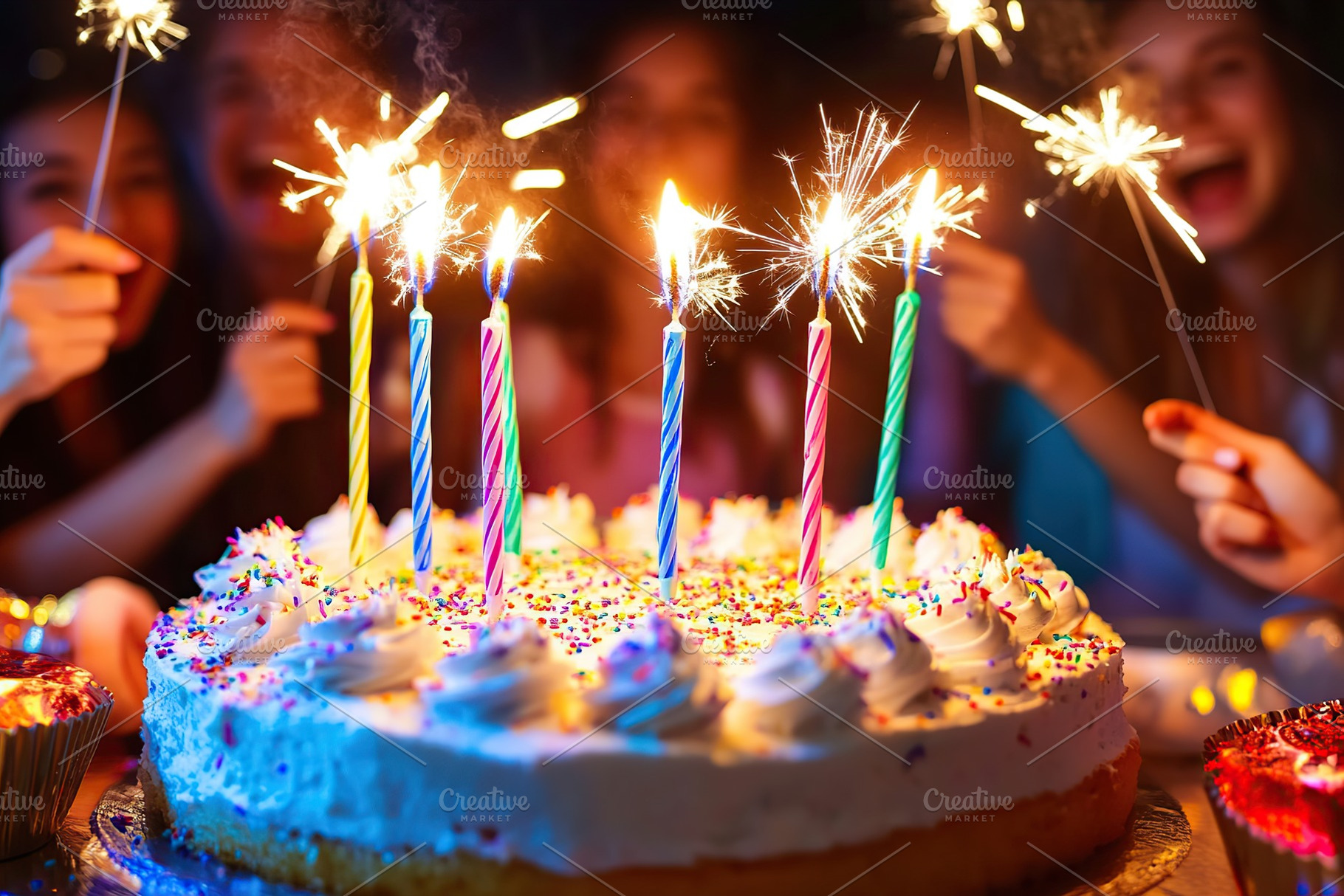 Friends celebrate with cake and sparklers during a joyful gathering at night, a Food & Drink Photo by AlyaAnd