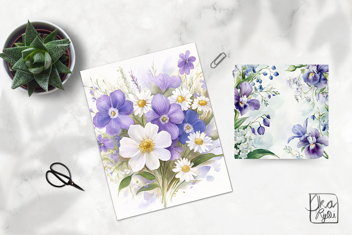 Blue and Purple Watercolor Flowers, an Illustration by ikarifq shop (Photo 3 of 4)