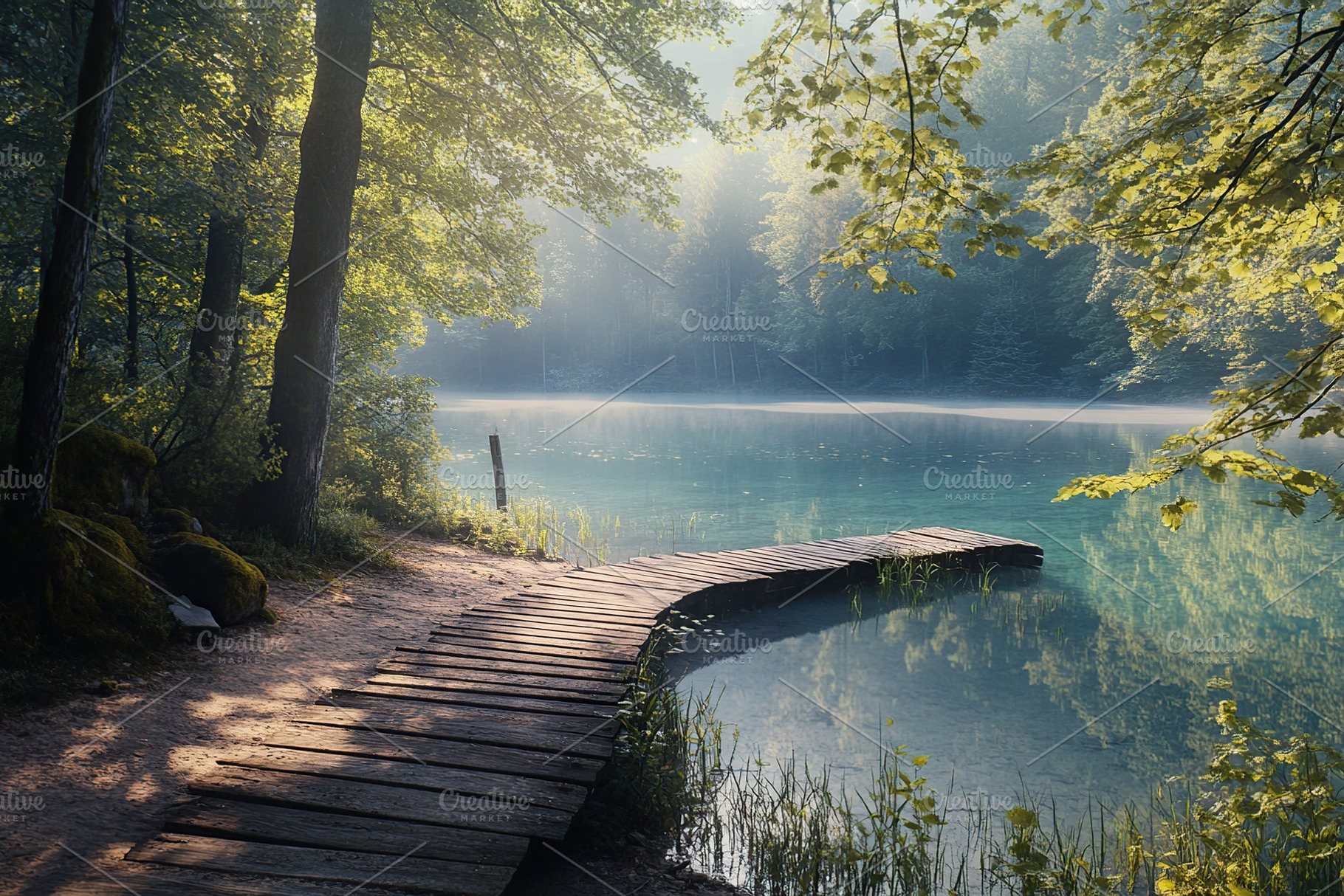 Modern wooden pier with lake view, a Photo by AlyaAnd