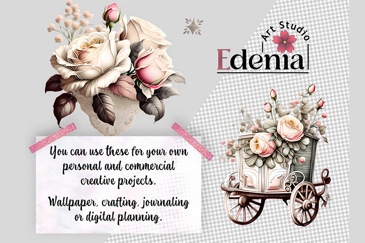Vintage Romantic Flowers Cliparts, a Decorative Illustration by EdeniaArtStudio (Photo 2 of 10)
