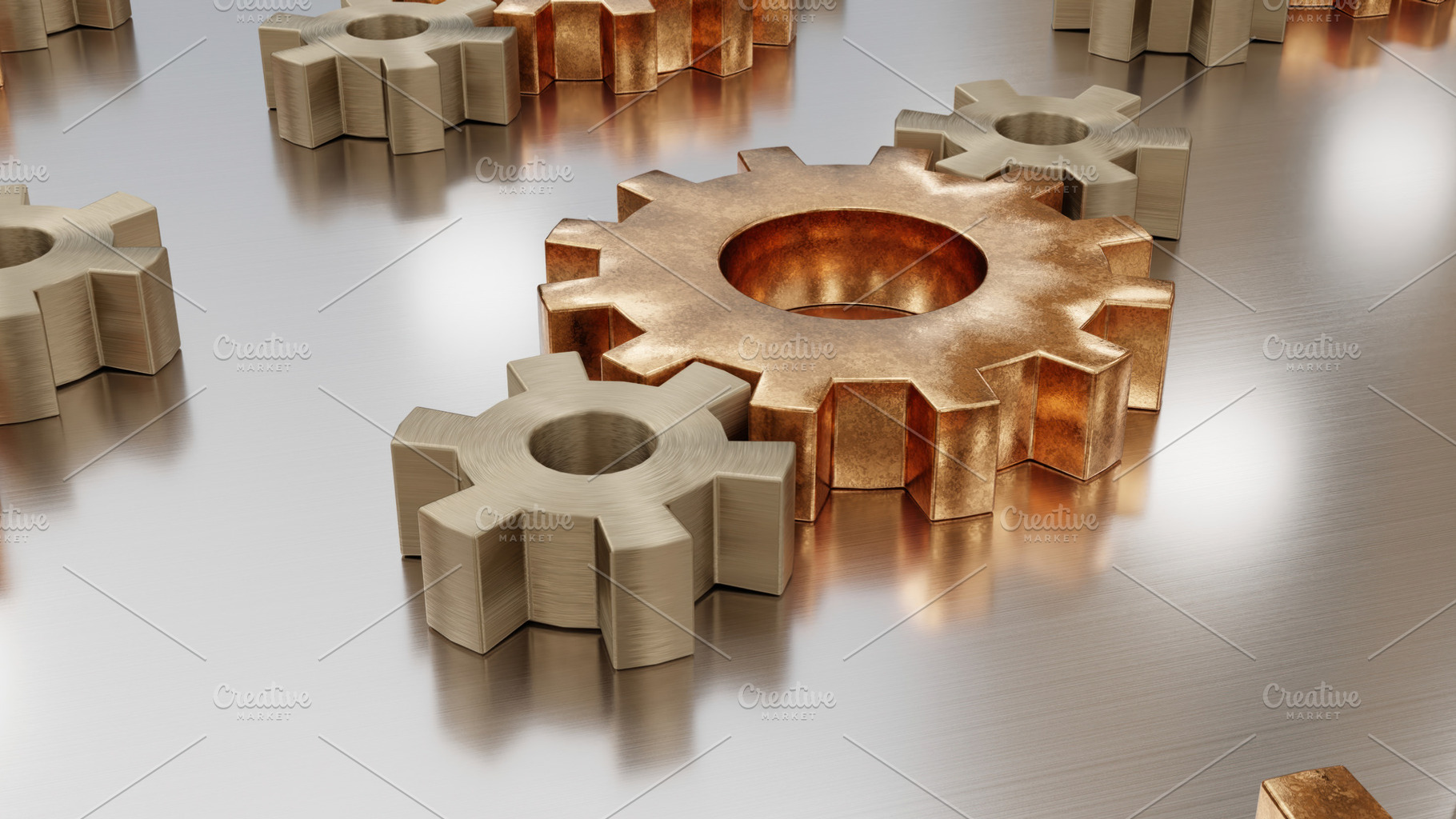 Metal gears scattered on smooth industrial steel surface, an Industrial Photo by RF Images