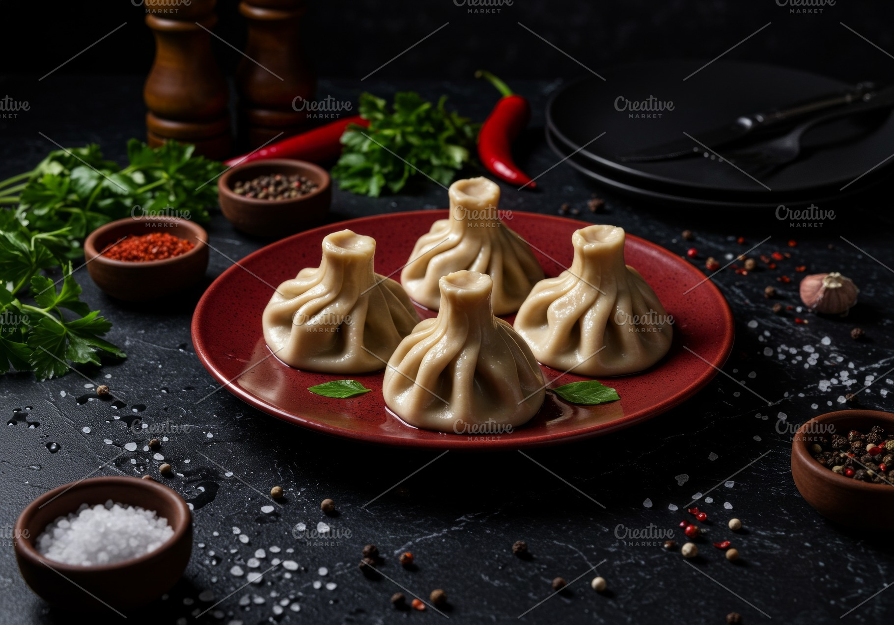 Traditional khinkali dumplings on a, a Food & Drink Photo by professorinc