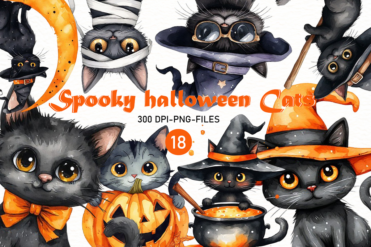 Cute Spooky Halloween Cats Clipart, a Seasonal Illustration by Designworld (Photo 1 of 8)