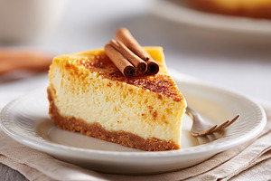 Delicious slice of creamy cheesecake with cinnamon on a decorative plate, a Photo by AlyaAnd