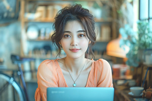 Young Asian woman in an orange blouse working on a laptop in a c, a Person Photo by ImageMir