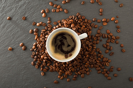 Coffee with foam on plate and roasted beans top, a Food & Drink Photo by Davizro's Market
