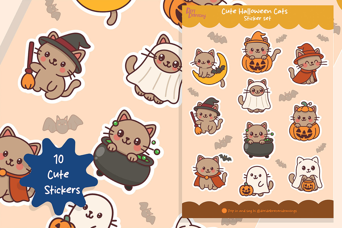 Cute Kawaii HalloweenCat Sticker Set, a Graphic by Dori Debreceni draws (Photo 4 of 4)