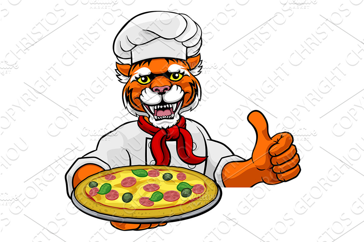 Tiger Pizza Chef Cartoon Restaurant, an Animal Illustration by Christos Georghiou