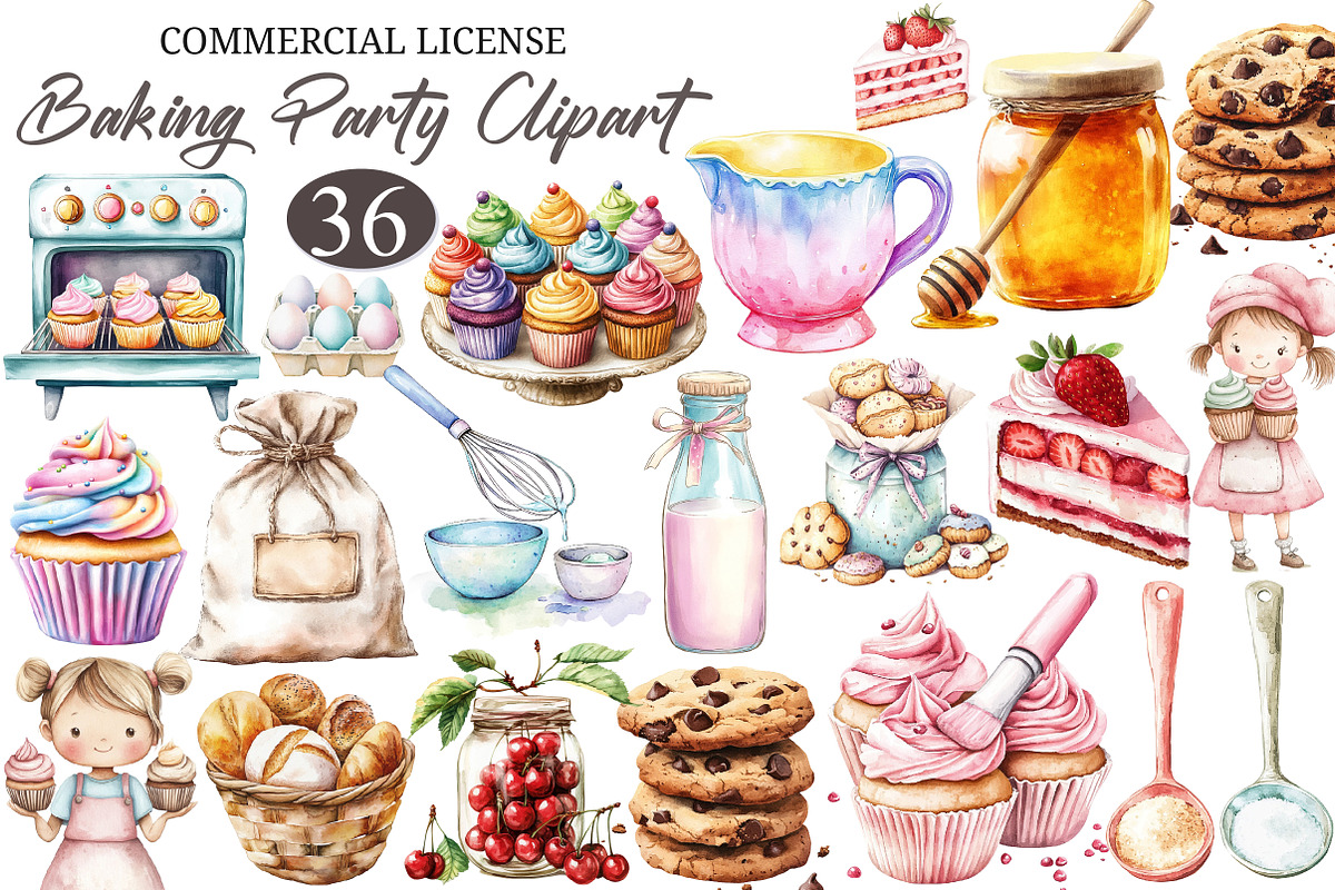 Watercolor Baking Party Clipart, an Illustration by designcity5 (Photo 1 of 5)