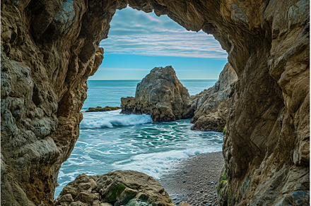 Sea cave view on rocky coastline, a Nature Photo by Ylivdesign