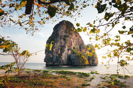 Railay Beach with rocky mountains in the evening, a Nature Photo by Art Rachen