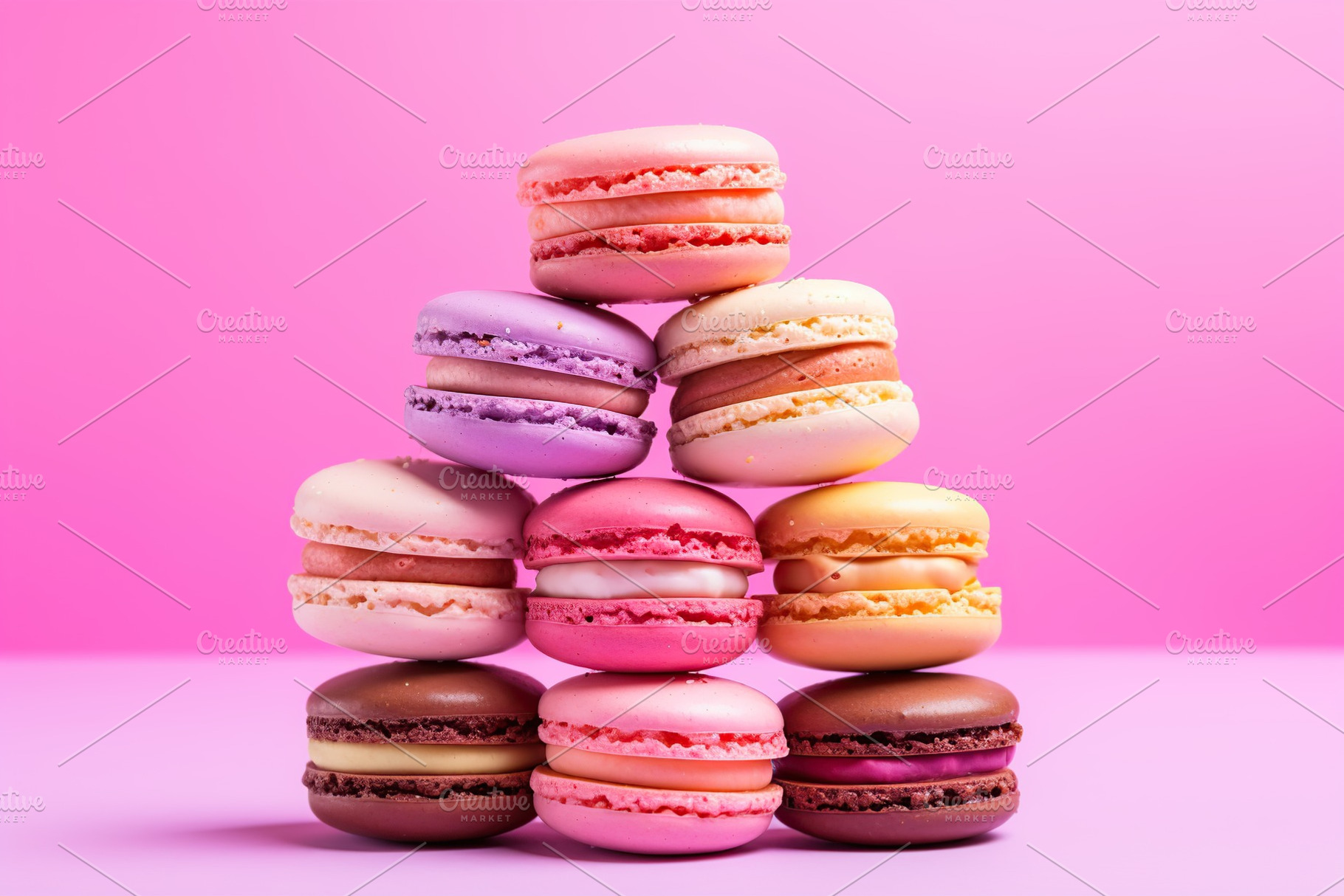 Colorful macarons dessert on pink background, a Food & Drink Photo by AlyaAnd