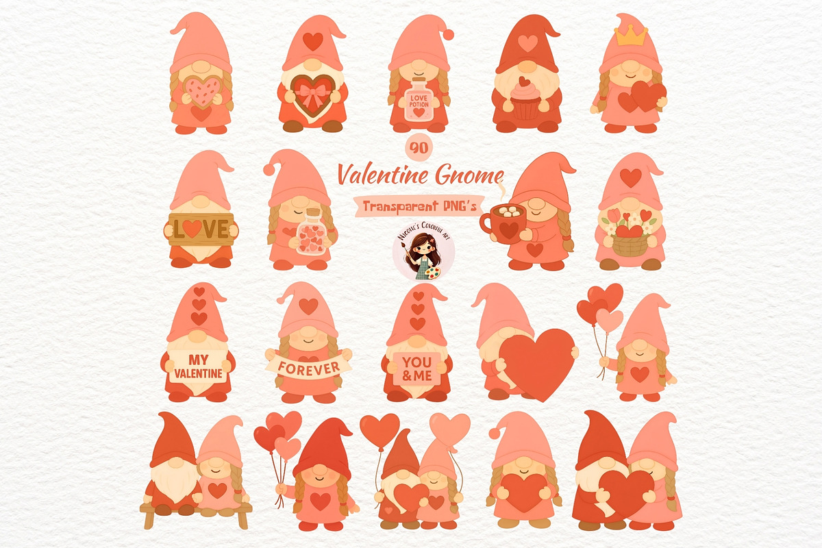 Valentine Gnome Clipart Set, a Seasonal Illustration by Nicolle's Colorful Art (Photo 1 of 6)