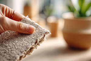 Hand touching a piece of raw fabric against a blurred background with greenery, a Photo by AlyaAnd
