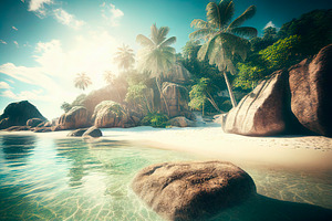 Tropical sand beach with palm trees and sea waves landscape. Tro, a Nature Photo by hitdelight